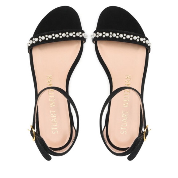 Stuart Weitzman Nunakedstraight Demipearl Sandal Black Suede Stiletto Heel - Picture 4 of 12